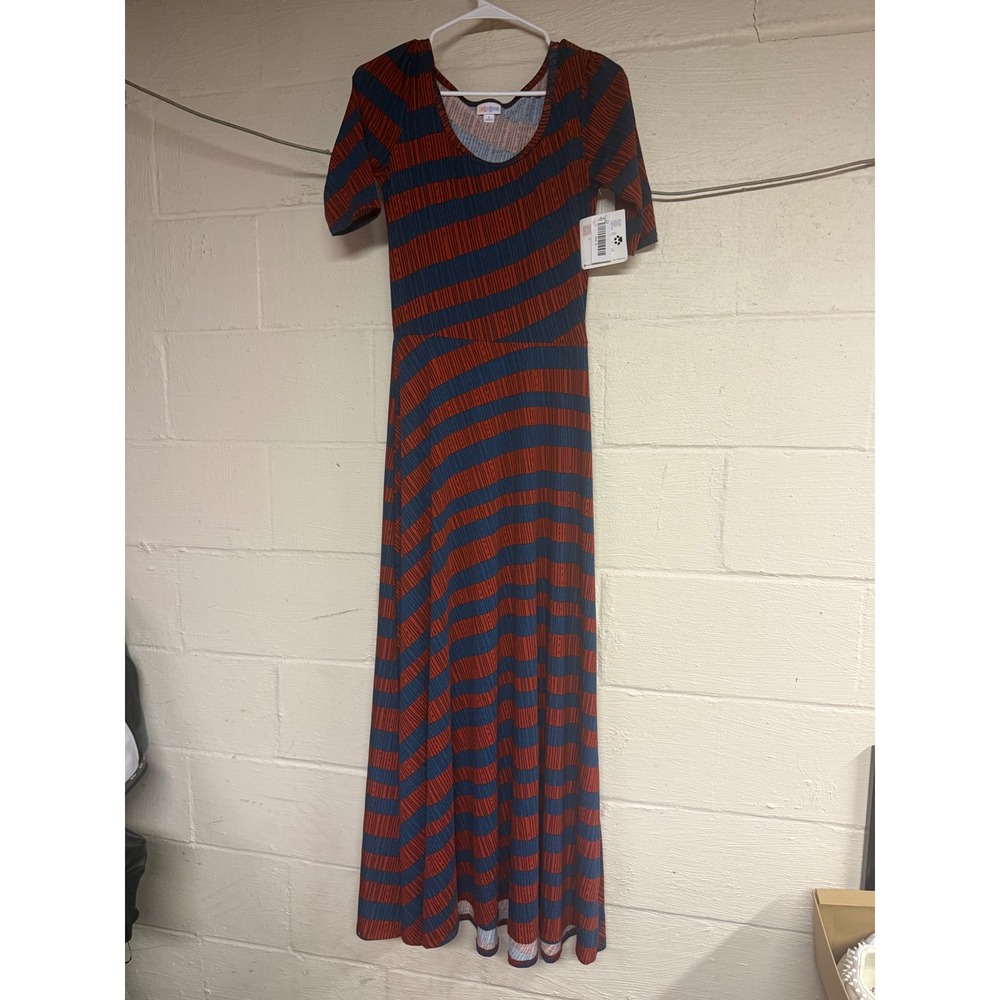 LuLaRoe Ana Maxi Dress Small S Red Blue Striped Short Sleeve Scoop Neck NWT